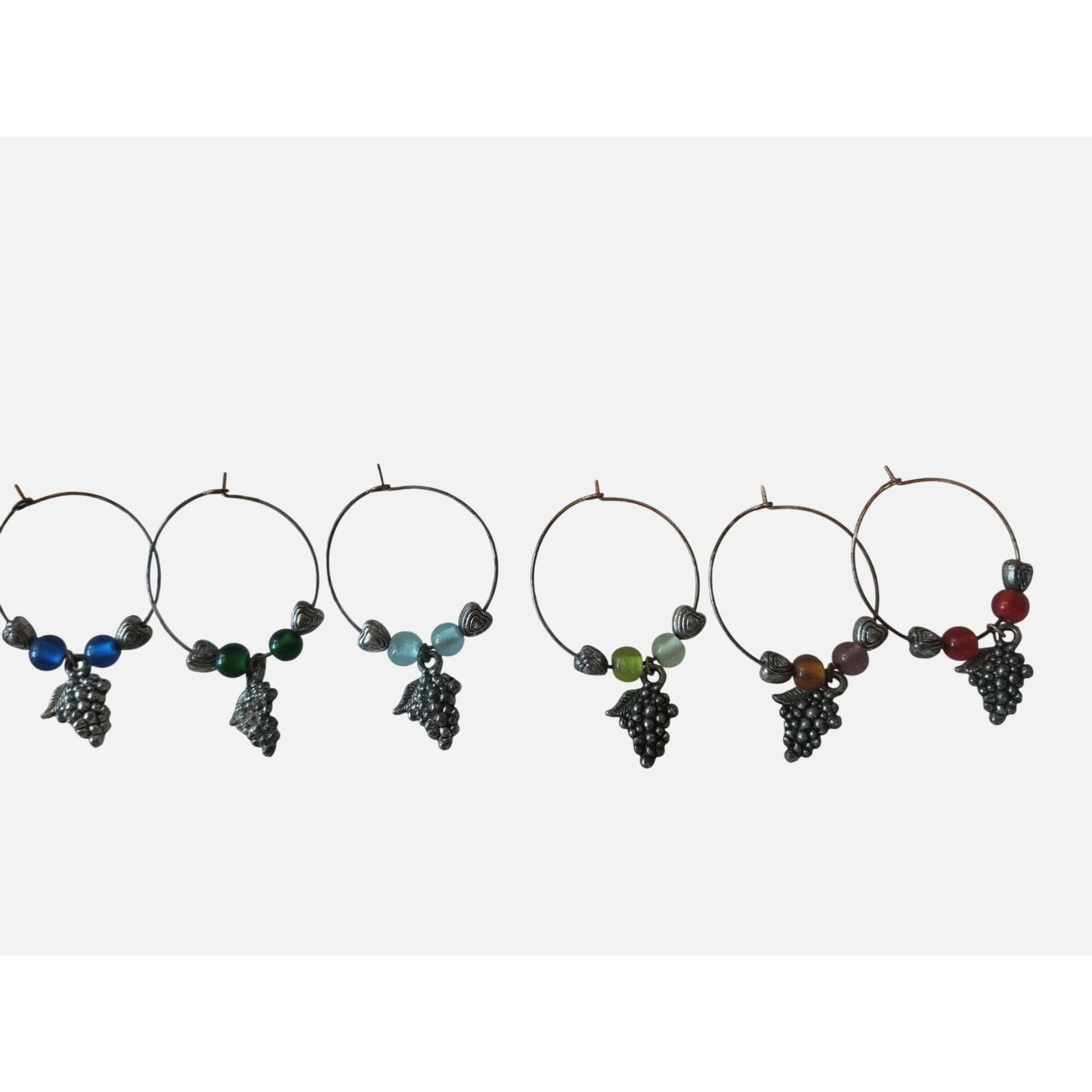 Wine Charms 1"  Charm Beads Silver Hoops Set of 6  Silver Grape Cluster