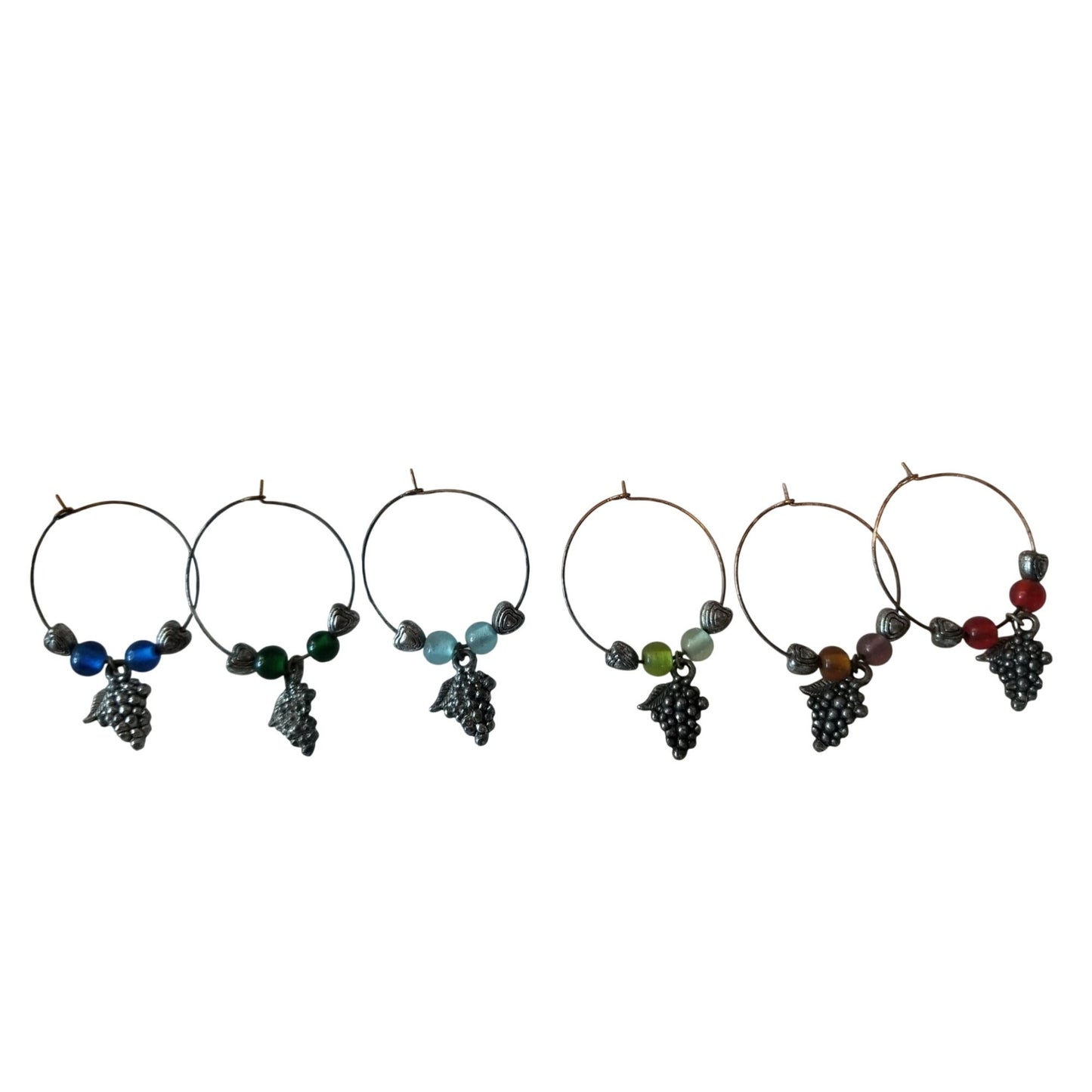 Wine Charms 1"  Charm Beads Silver Hoops Set of 6  Silver Grape Cluster