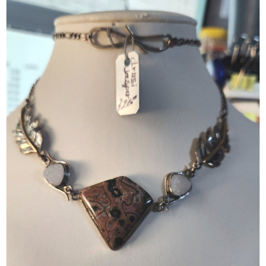 Necklace Statement Ocean Jasper Drusi 25.1 gr Gold Silver Handmade Chain Connector