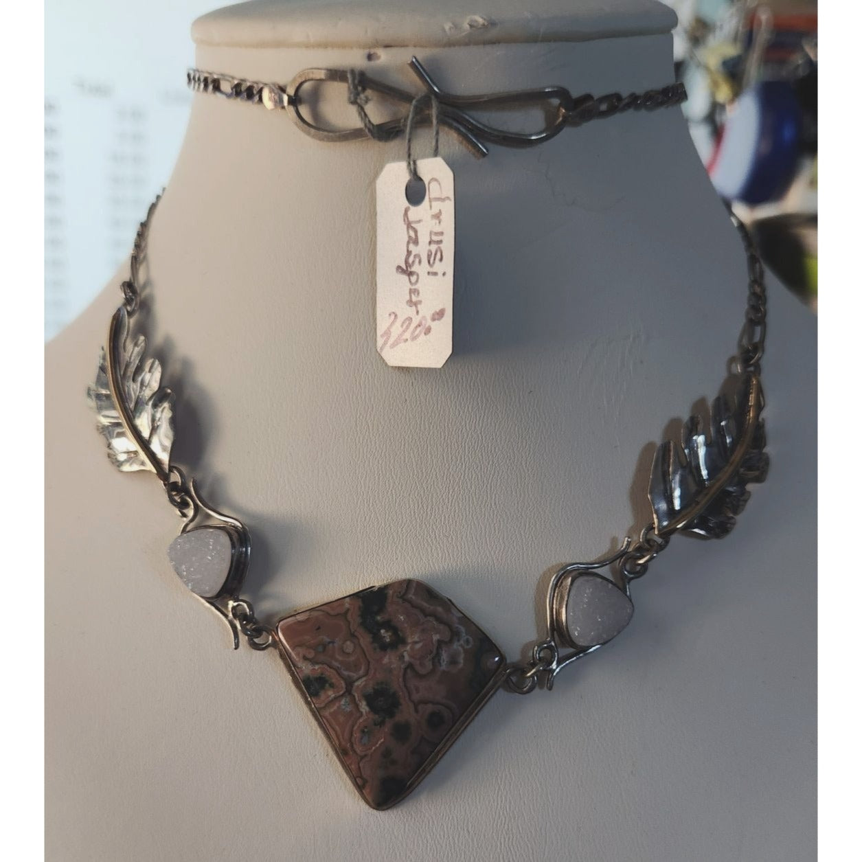 Necklace Statement Ocean Jasper Drusi 25.1 gr Gold Silver Handmade Chain Connector