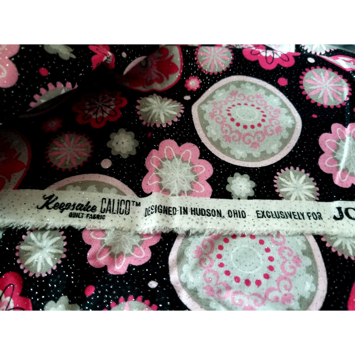 Material Keepsake Calico Cotton Quilting Fabric Pink & Gray Floral Print On Black Background Glitter Sparkle 3 1/2 yrds