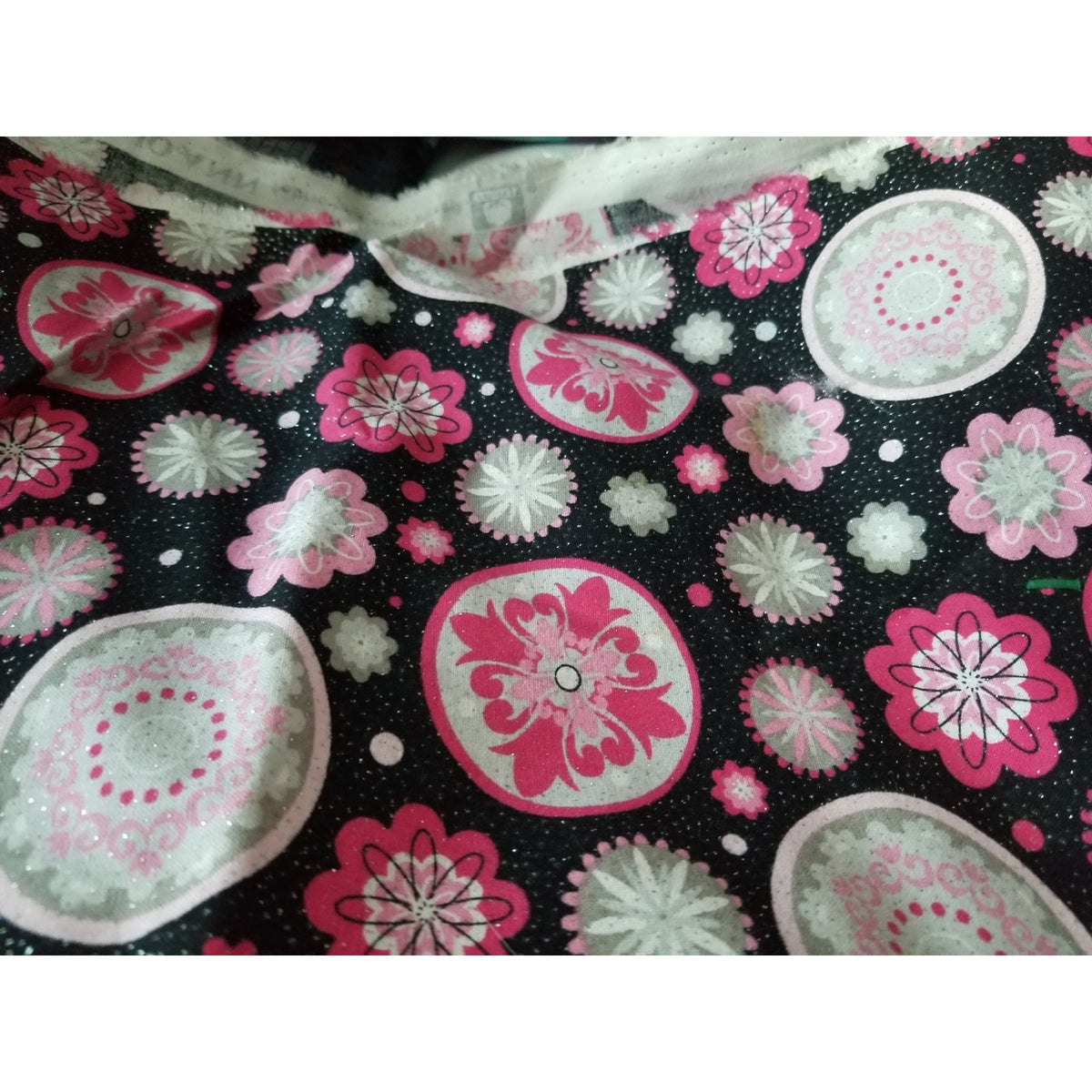 Material Keepsake Calico Cotton Quilting Fabric Pink & Gray Floral Print On Black Background Glitter Sparkle 3 1/2 yrds