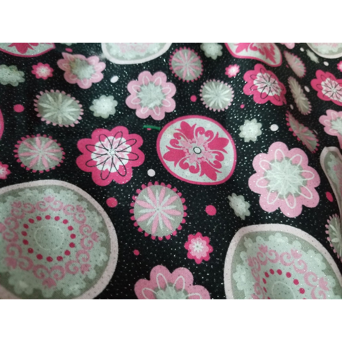 Material Keepsake Calico Cotton Quilting Fabric Pink & Gray Floral Print On Black Background Glitter Sparkle 3 1/2 yrds