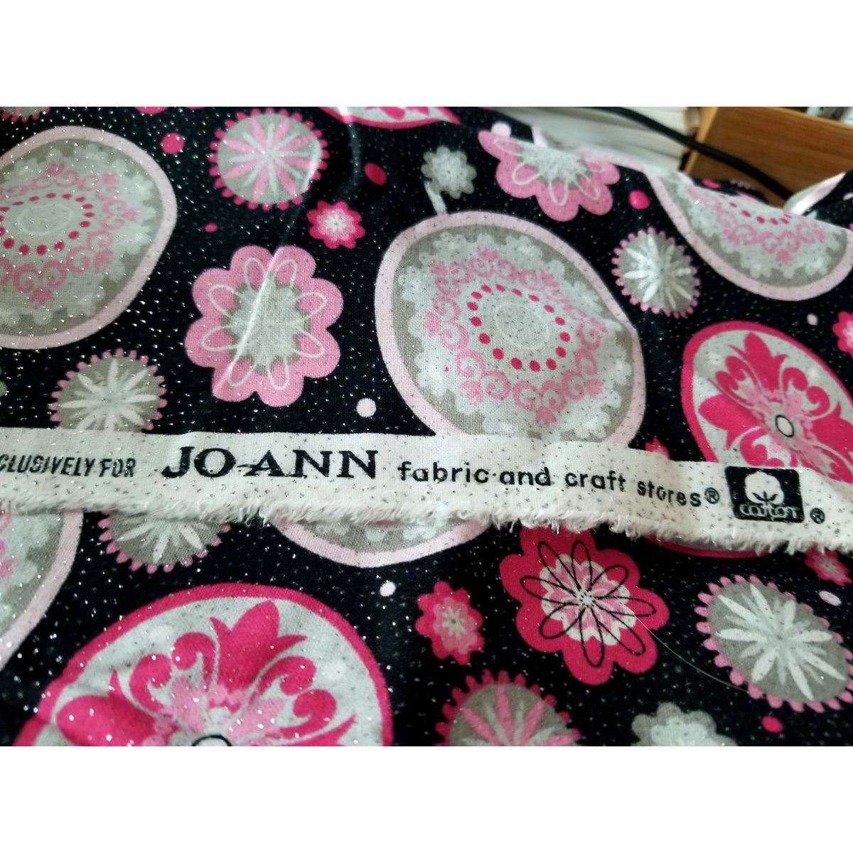 Material Keepsake Calico Cotton Quilting Fabric Pink & Gray Floral Print On Black Background Glitter Sparkle 3 1/2 yrds
