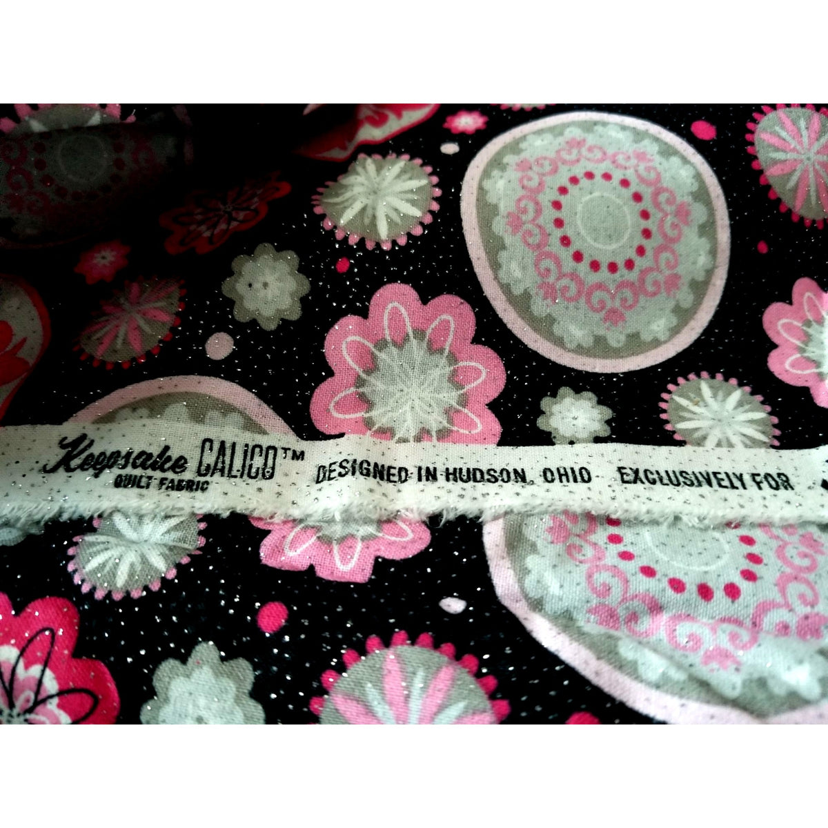 Material Keepsake Calico Cotton Quilting Fabric Pink & Gray Floral Print On Black Background Glitter Sparkle 3 1/2 yrds