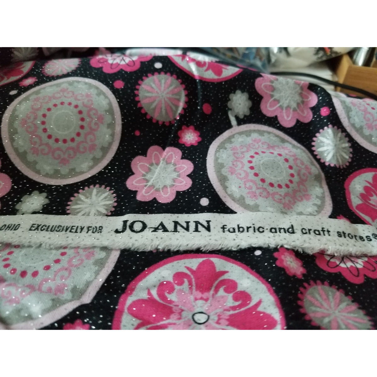 Material Keepsake Calico Cotton Quilting Fabric Pink & Gray Floral Print On Black Background Glitter Sparkle 3 1/2 yrds
