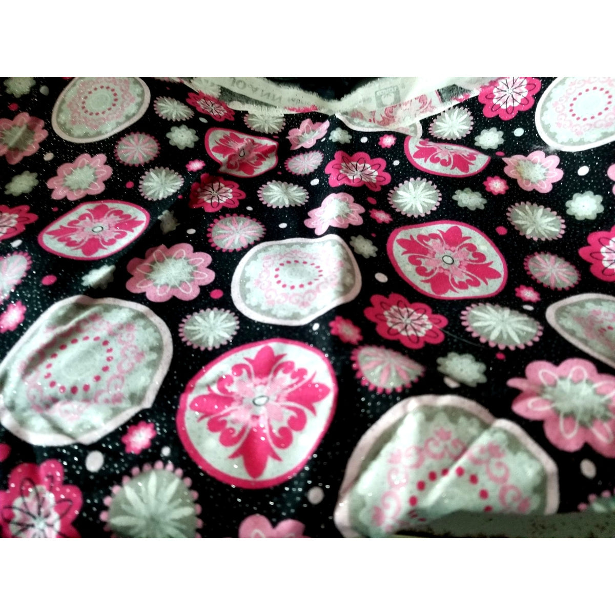 Material Keepsake Calico Cotton Quilting Fabric Pink & Gray Floral Print On Black Background Glitter Sparkle 3 1/2 yrds