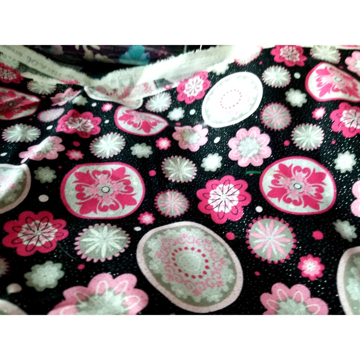 Material Keepsake Calico Cotton Quilting Fabric Pink & Gray Floral Print On Black Background Glitter Sparkle 3 1/2 yrds