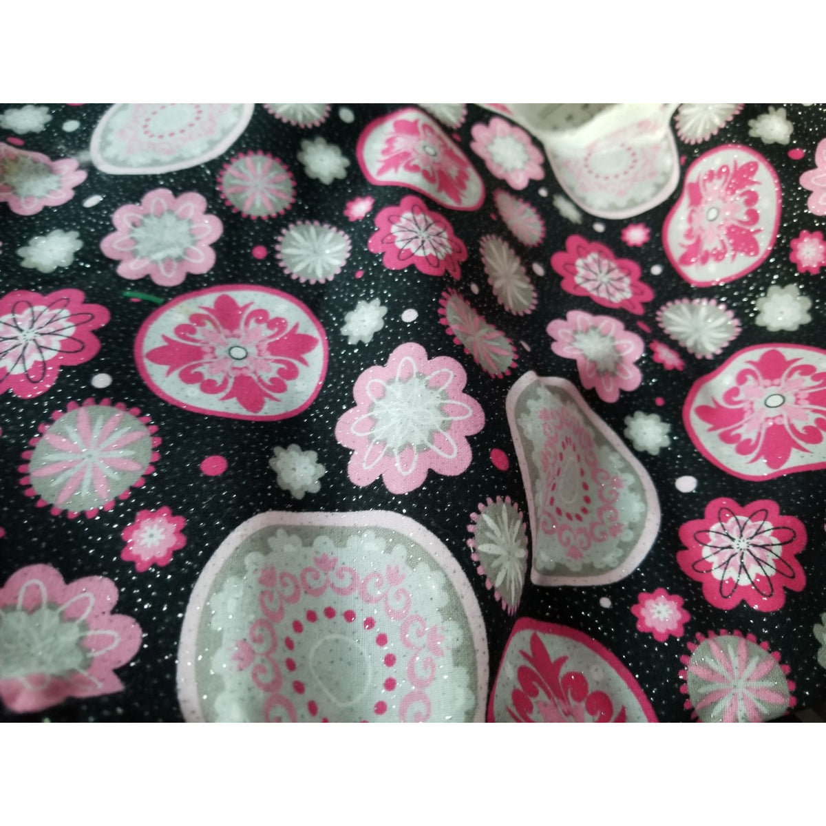Material Keepsake Calico Cotton Quilting Fabric Pink & Gray Floral Print On Black Background Glitter Sparkle 3 1/2 yrds