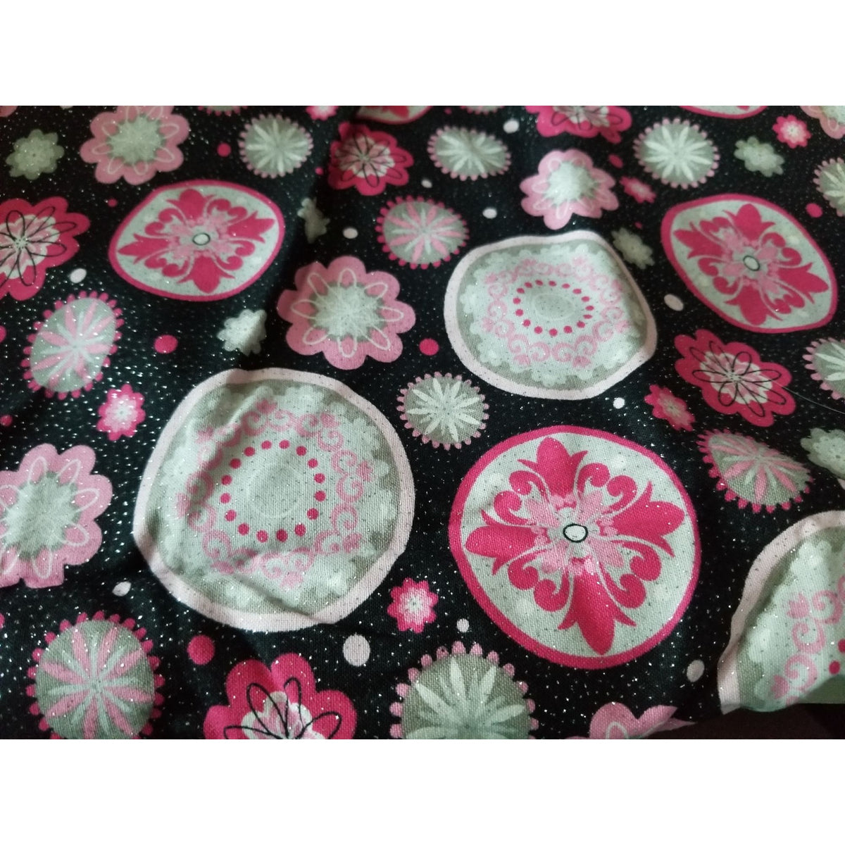 Material Keepsake Calico Cotton Quilting Fabric Pink & Gray Floral Print On Black Background Glitter Sparkle 3 1/2 yrds