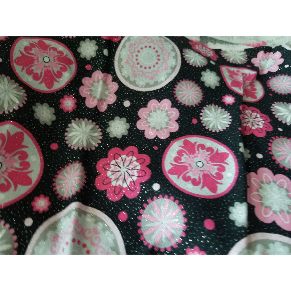 Material Keepsake Calico Cotton Quilting Fabric Pink & Gray Floral Print On Black Background Glitter Sparkle 3 1/2 yrds