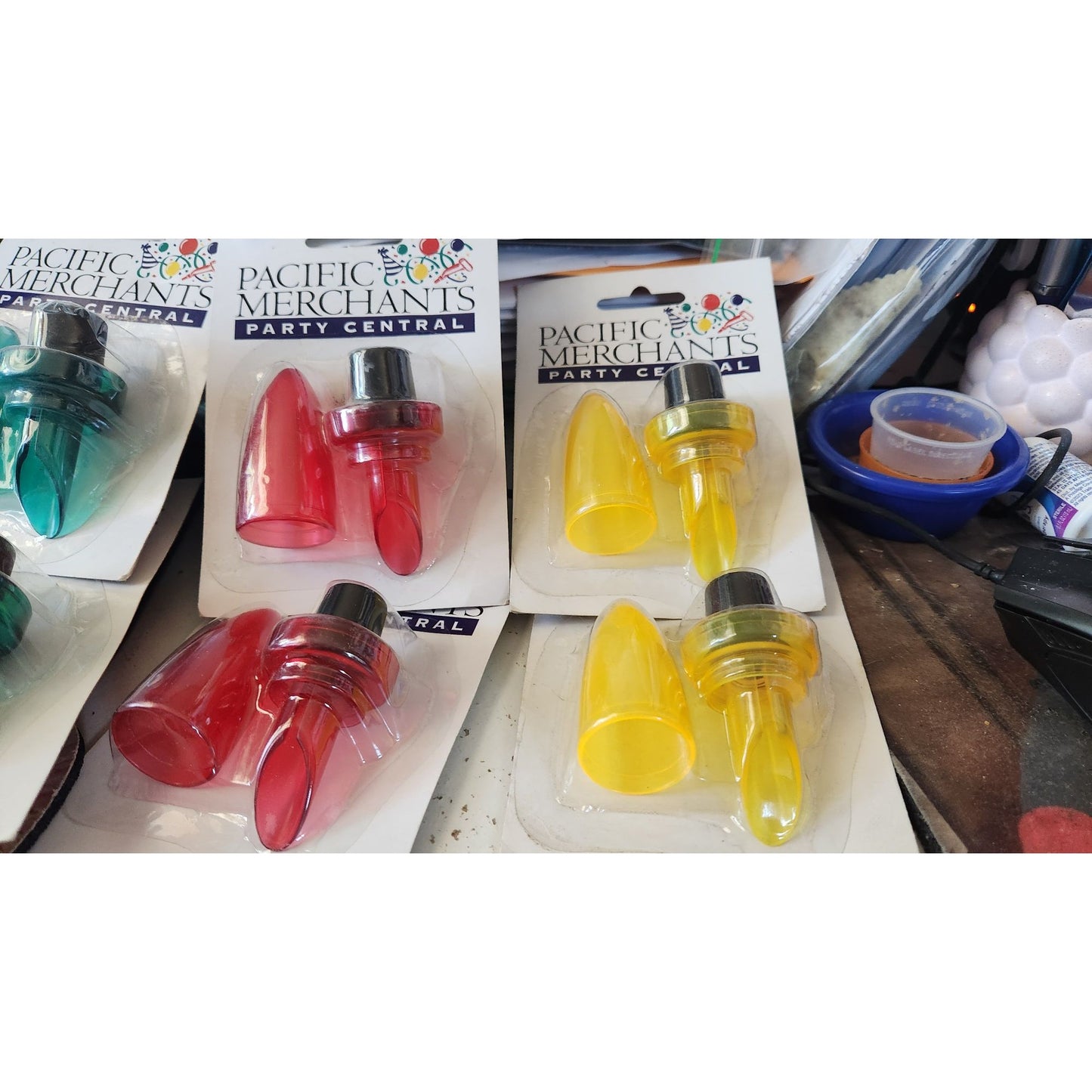 Wine Bottle Stoppers By Pacific Merchants Party Central Set of 8 Colorful  2 each Red Blue Green & Yellow Plastic    Colorful