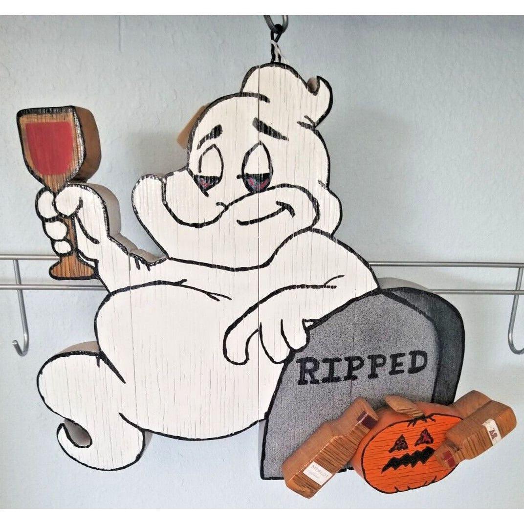 Wood Sign Halloween Ripped  Ghost Wine Drinking Pumpkin Empty Bottles Hanging