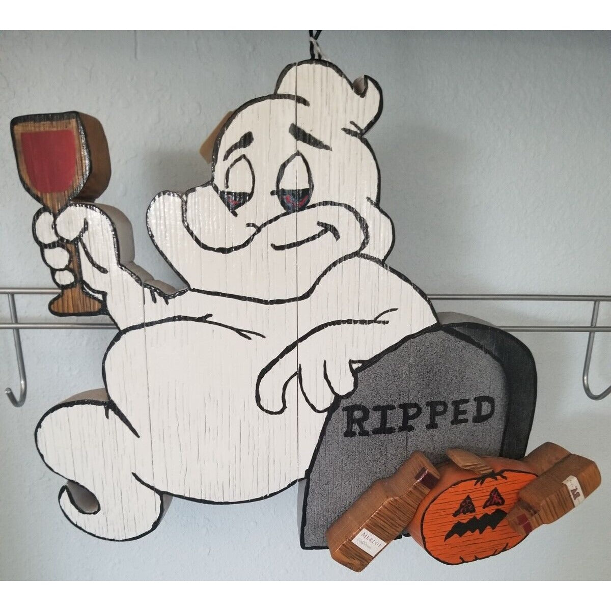 Wood Sign Halloween Ripped  Ghost Wine Drinking Pumpkin Empty Bottles Hanging