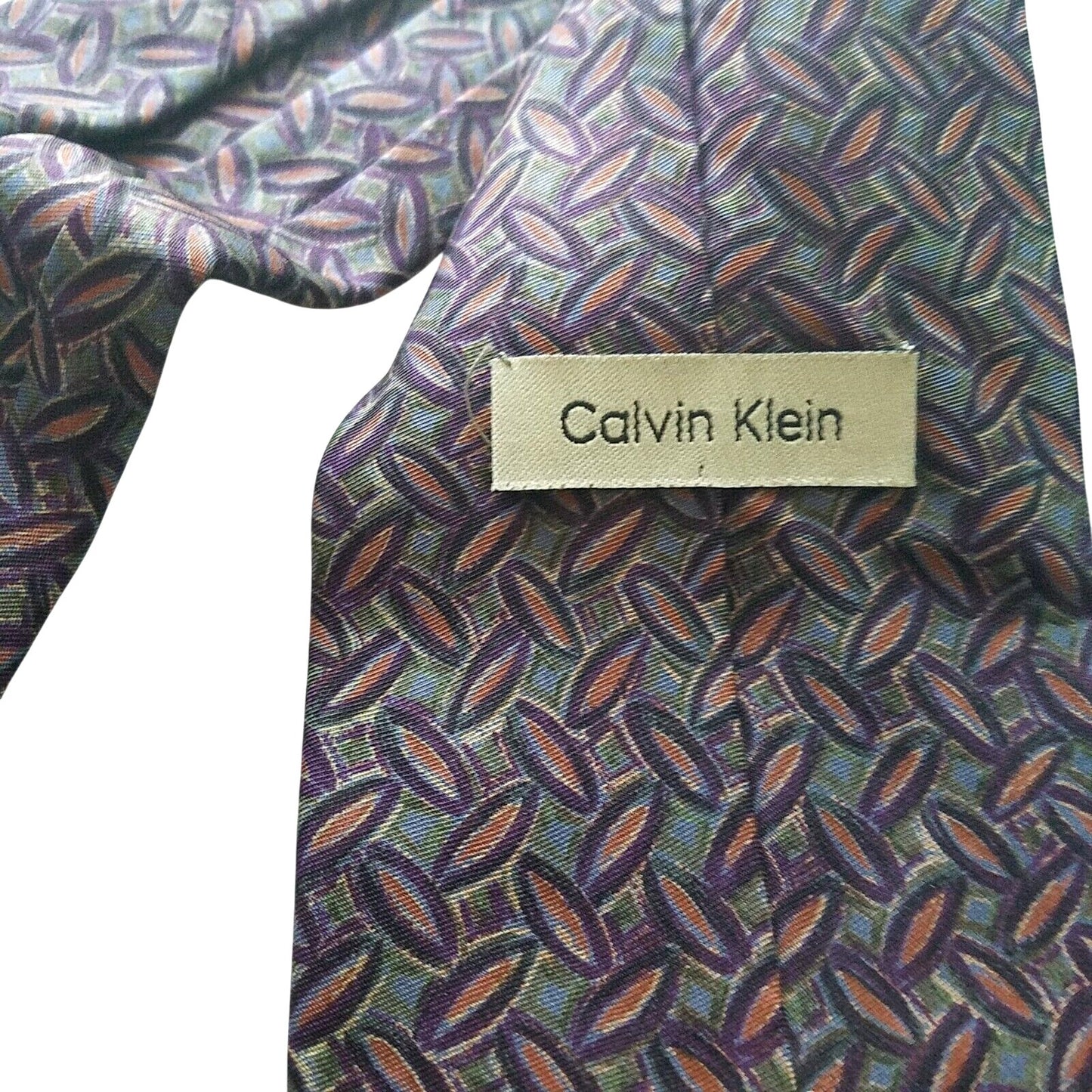 Tie Men's 100 % Silk Neck Calvin Klein Dark Green Brown Oval shapes 60" x 3 3/4"