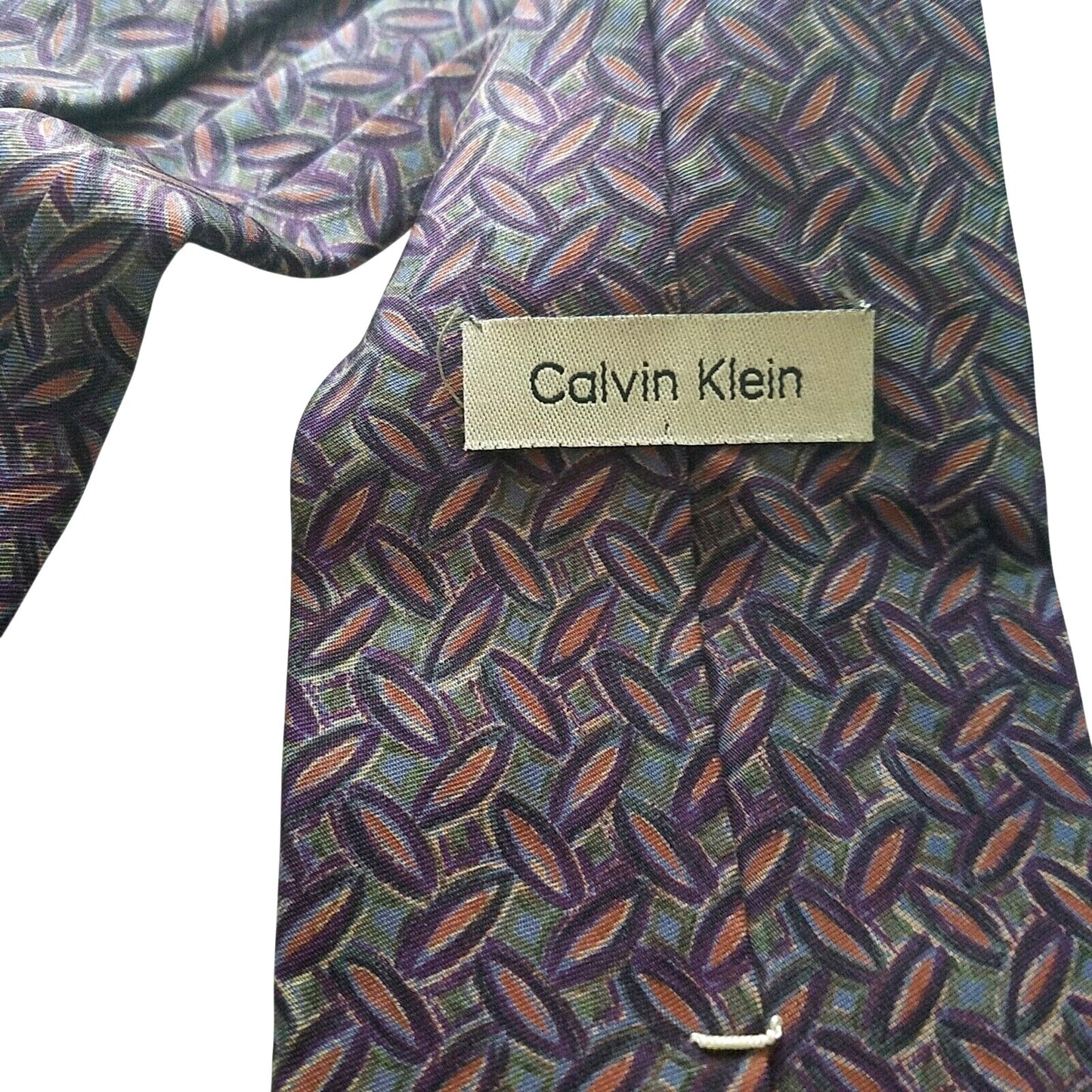 Tie Men's 100 % Silk Neck Calvin Klein Dark Green Brown Oval shapes 60" x 3 3/4"