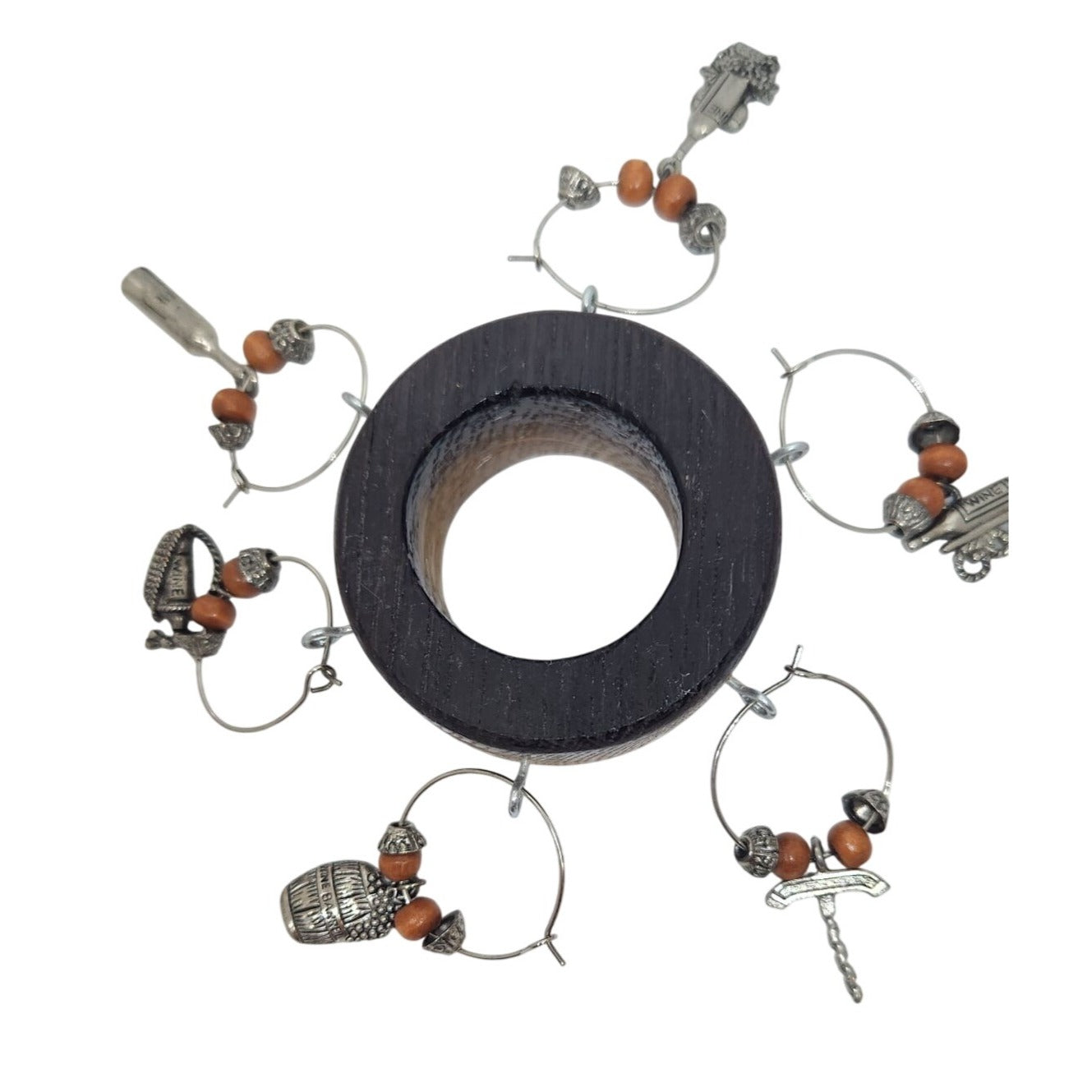 Rustic Wooden Wine Bottle Charm Set  of  6 With Metal & Bead Accents on Wine Stave Circle
