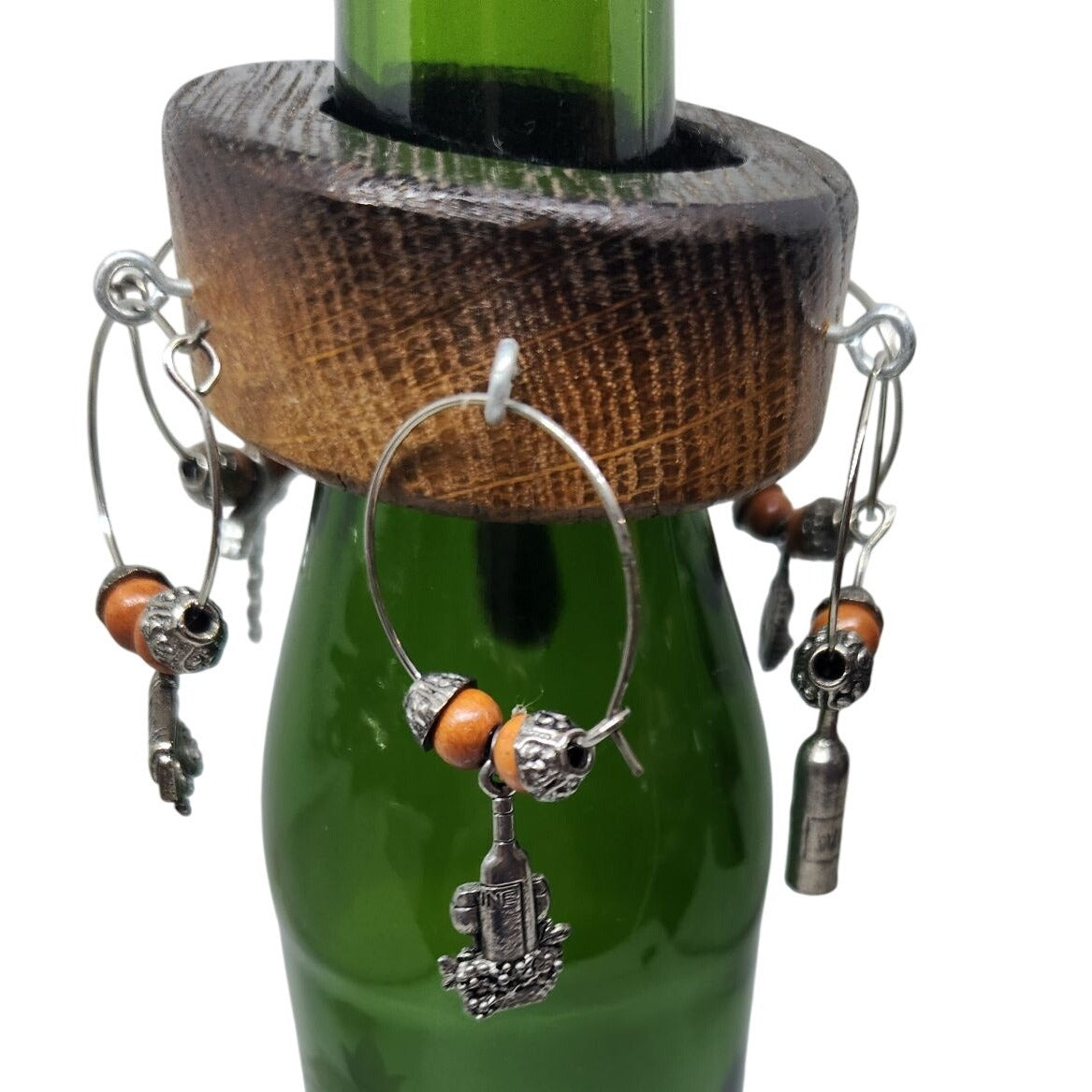 Rustic Wooden Wine Bottle Charm Set  of  6 With Metal & Bead Accents on Wine Stave Circle