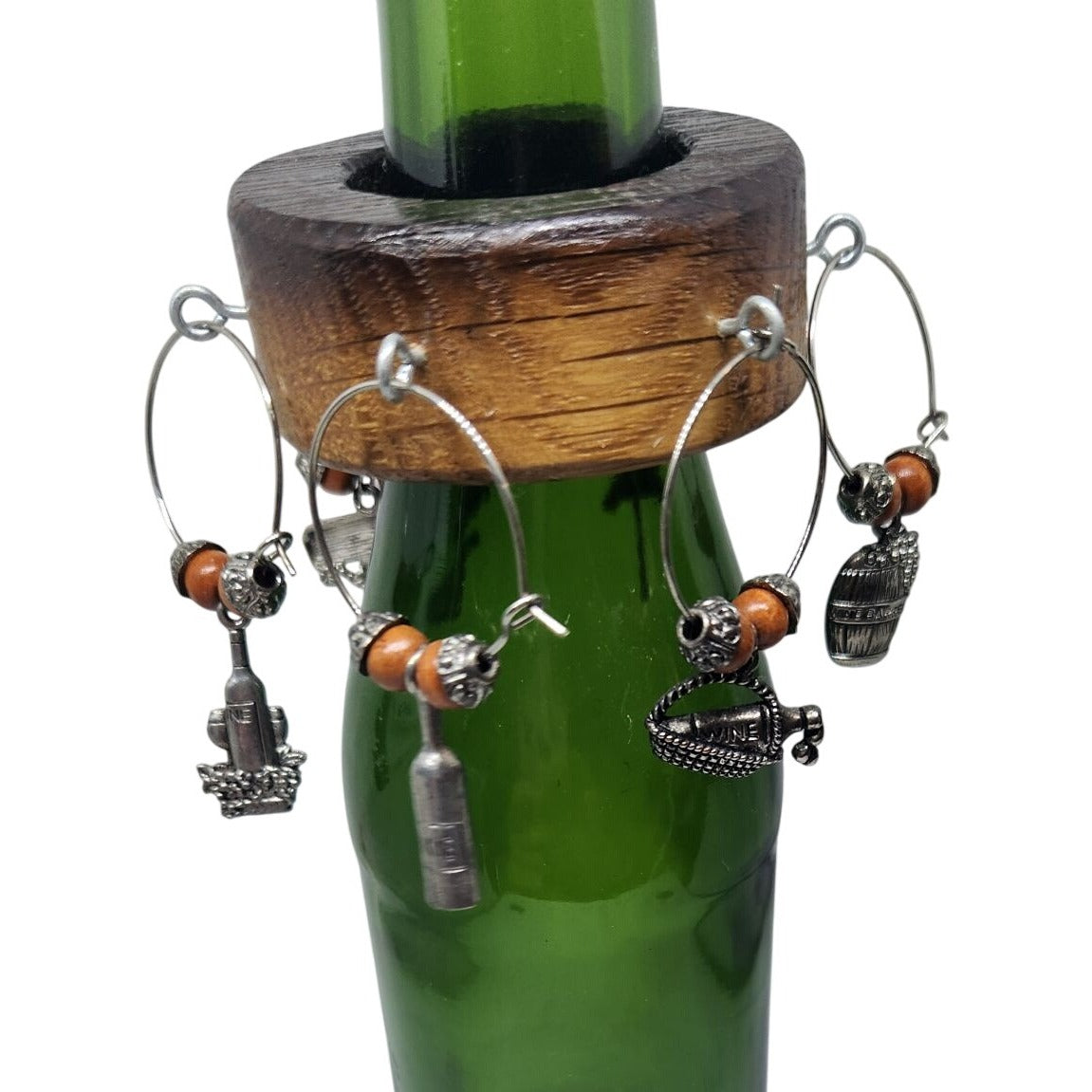 Rustic Wooden Wine Bottle Charm Set  of  6 With Metal & Bead Accents on Wine Stave Circle