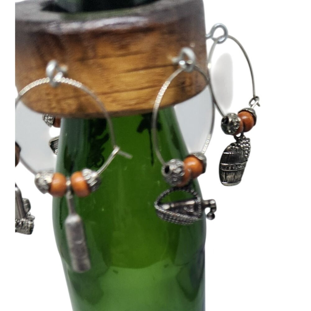 Rustic Wooden Wine Bottle Charm Set  of  6 With Metal & Bead Accents on Wine Stave Circle