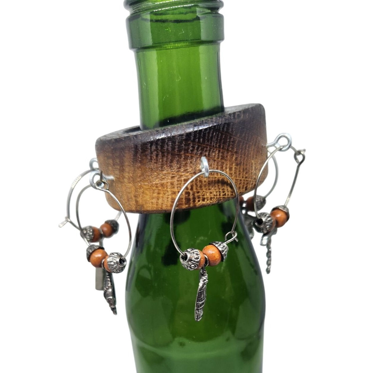 Rustic Wooden Wine Bottle Charm Set  of  6 With Metal & Bead Accents on Wine Stave Circle