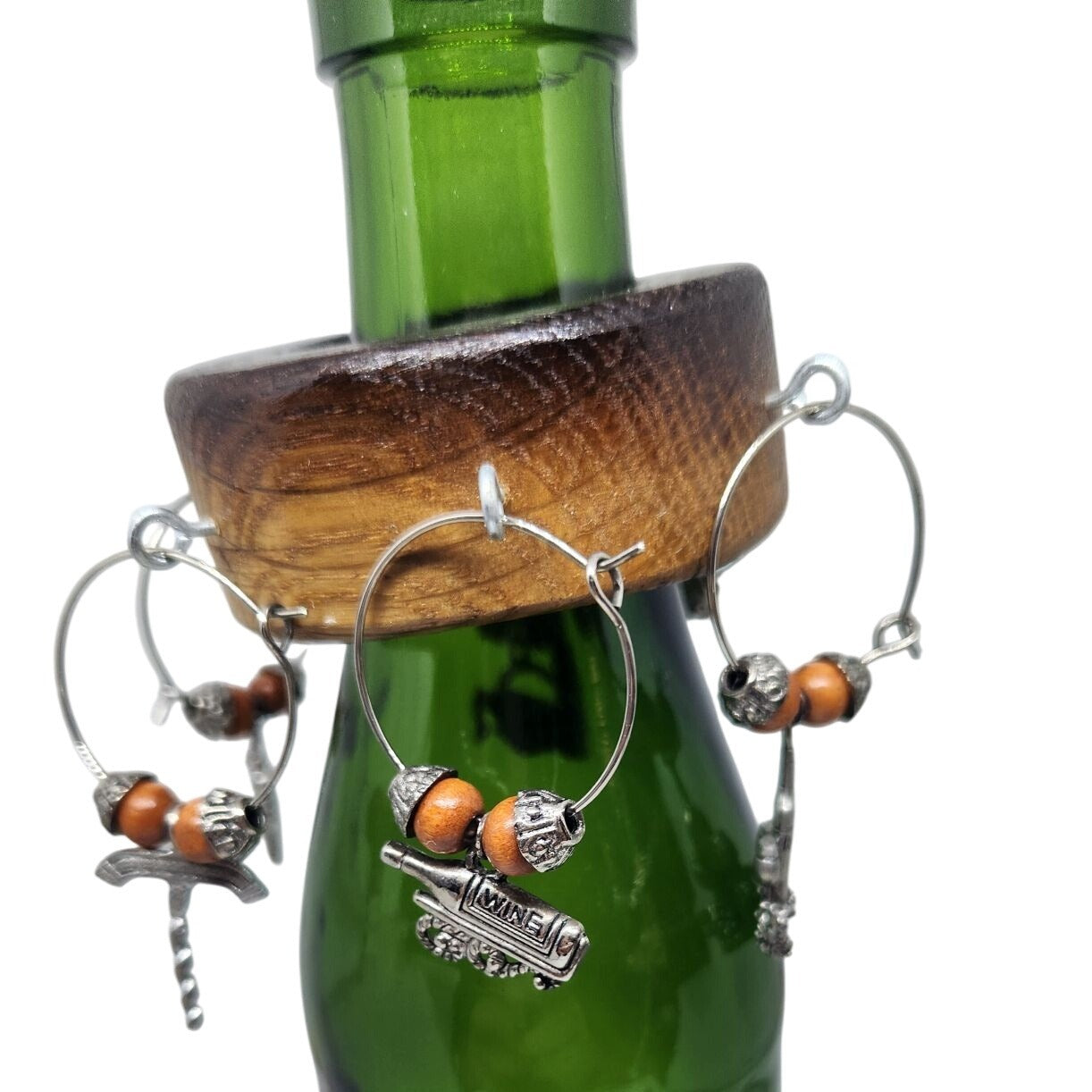 Rustic Wooden Wine Bottle Charm Set  of  6 With Metal & Bead Accents on Wine Stave Circle