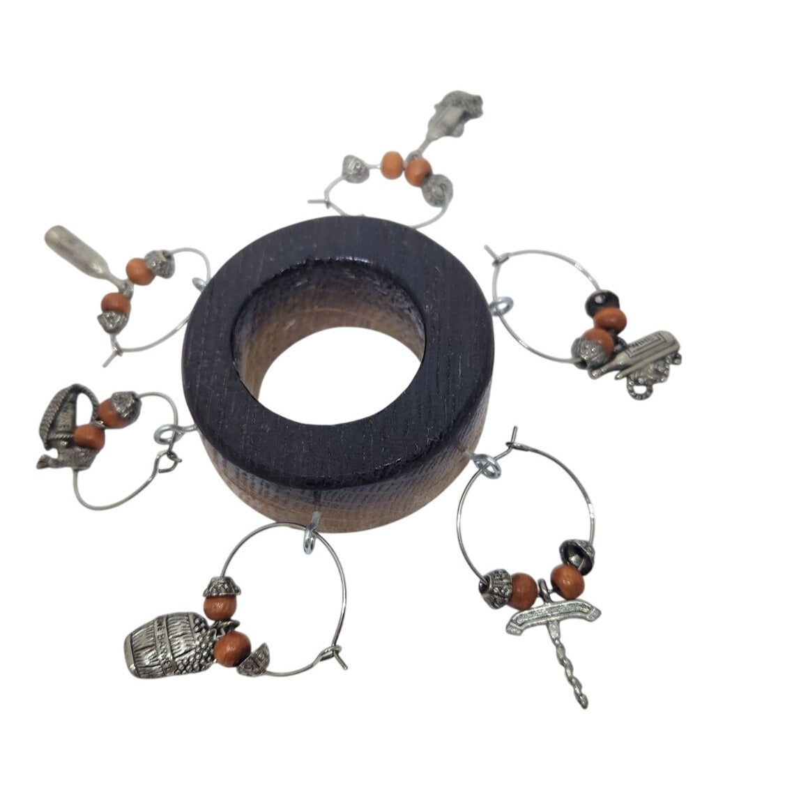 Rustic Wooden Wine Bottle Charm Set  of  6 With Metal & Bead Accents on Wine Stave Circle
