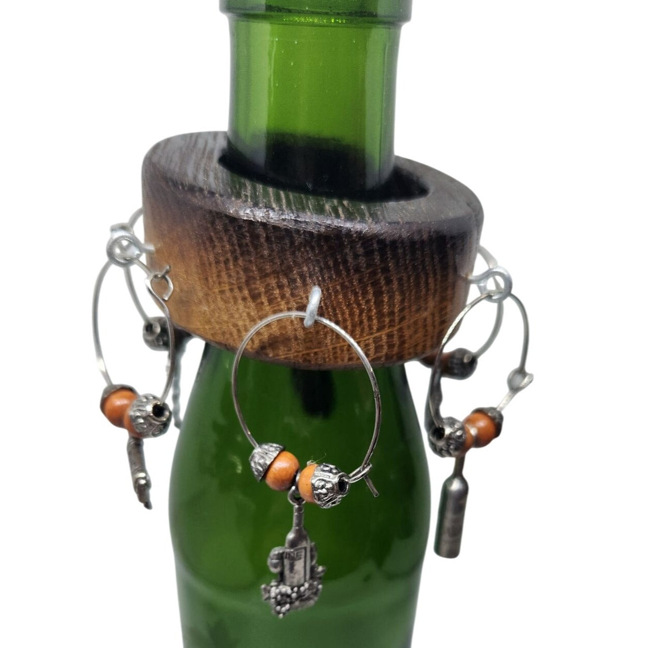 Rustic Wooden Wine Bottle Charm Set  of  6 With Metal & Bead Accents on Wine Stave Circle