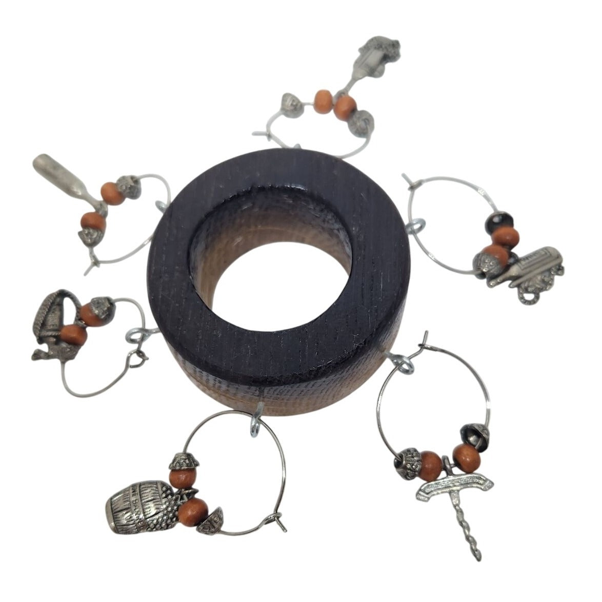 Rustic Wooden Wine Bottle Charm Set  of  6 With Metal & Bead Accents on Wine Stave Circle