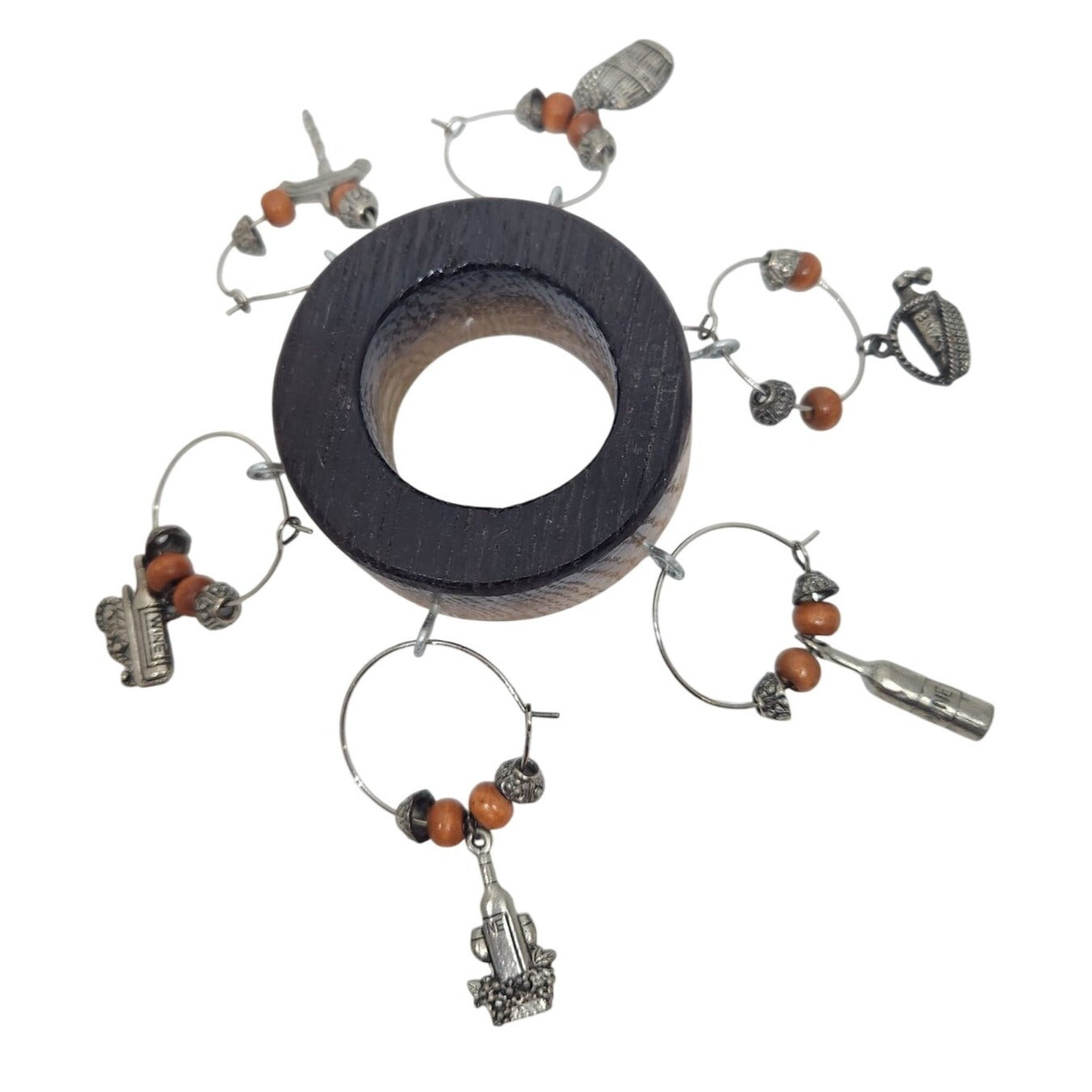 Rustic Wooden Wine Bottle Charm Set  of  6 With Metal & Bead Accents on Wine Stave Circle