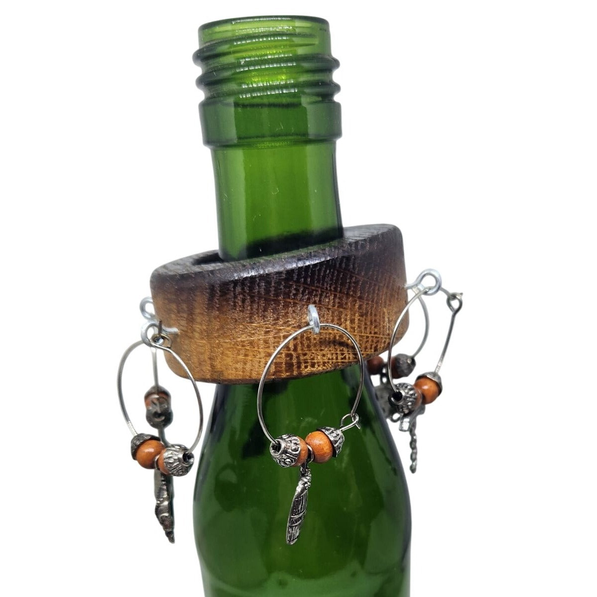 Rustic Wooden Wine Bottle Charm Set  of  6 With Metal & Bead Accents on Wine Stave Circle