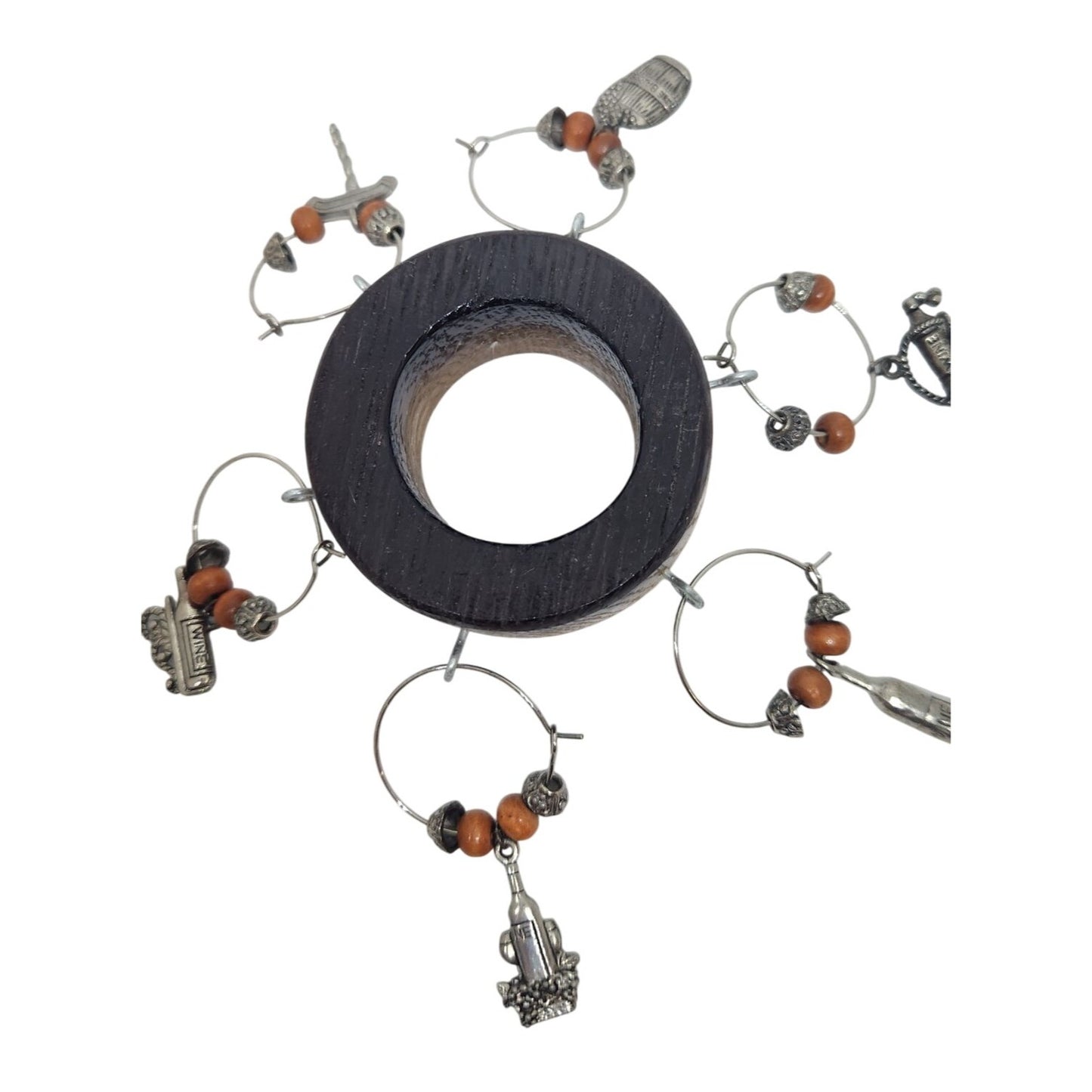 Rustic Wooden Wine Bottle Charm Set  of  6 With Metal & Bead Accents on Wine Stave Circle
