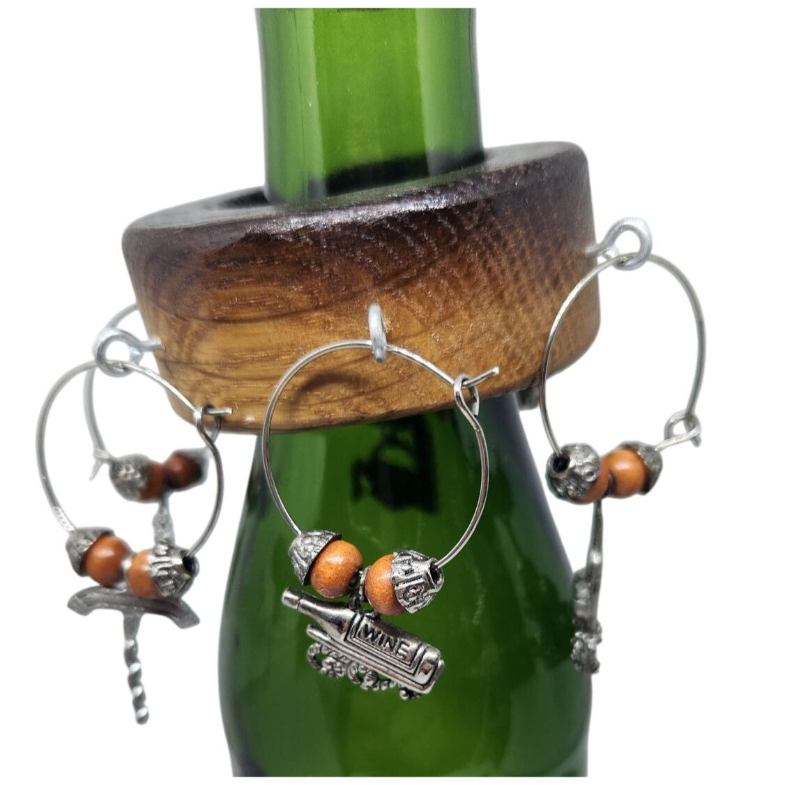 Rustic Wooden Wine Bottle Charm Set  of  6 With Metal & Bead Accents on Wine Stave Circle