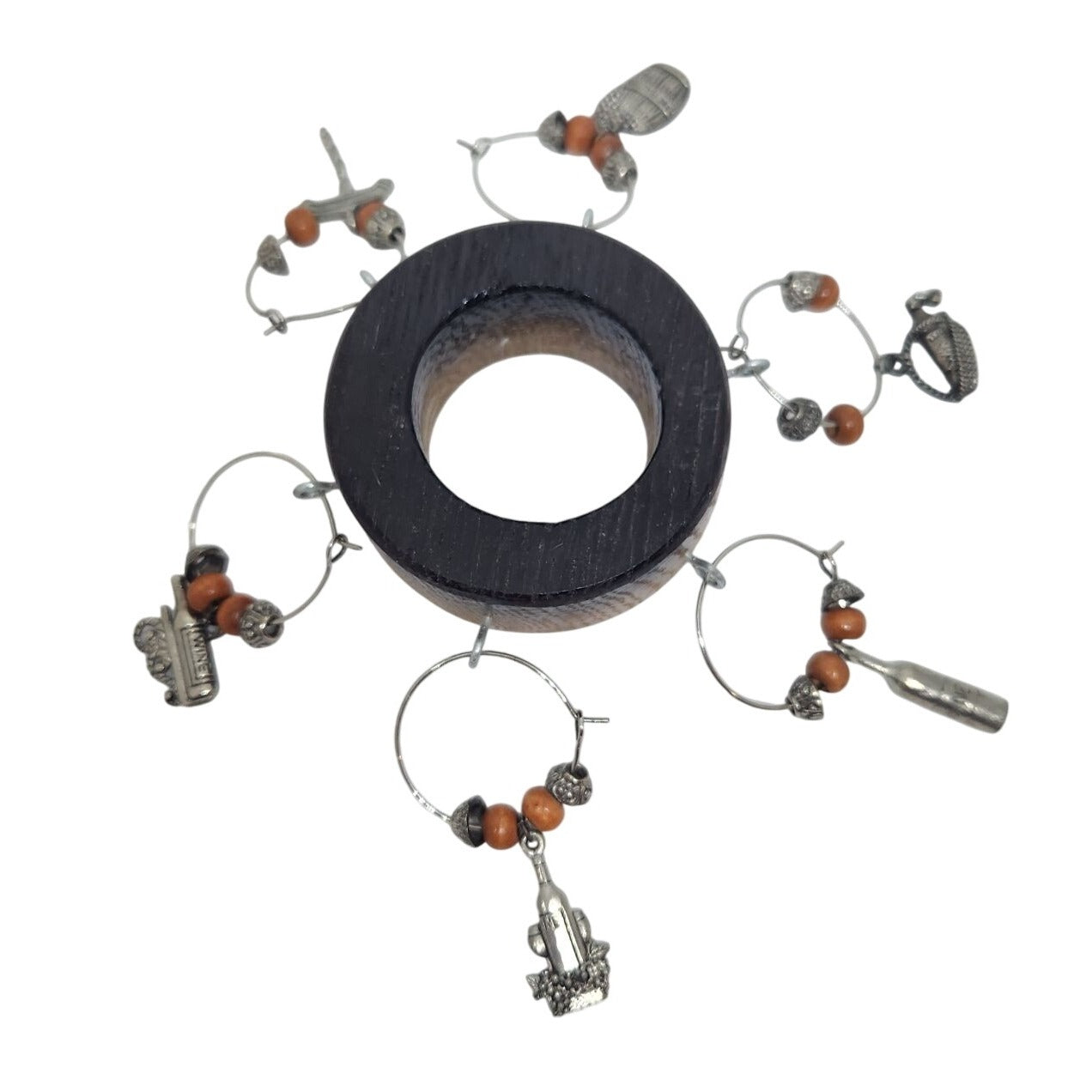 Rustic Wooden Wine Bottle Charm Set  of  6 With Metal & Bead Accents on Wine Stave Circle