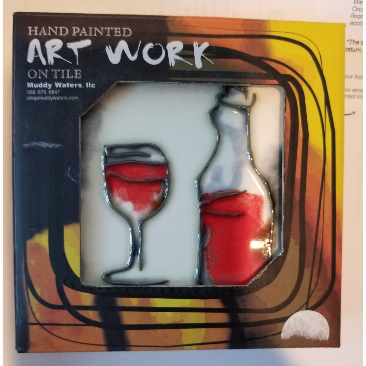 Art Tile 4" x 4"  Muddy Waters Hand Painted 7A070 ArtWork on Tile Wine 5  Wine Glass and Bottle 1/2 " Ceramic Tile and backing