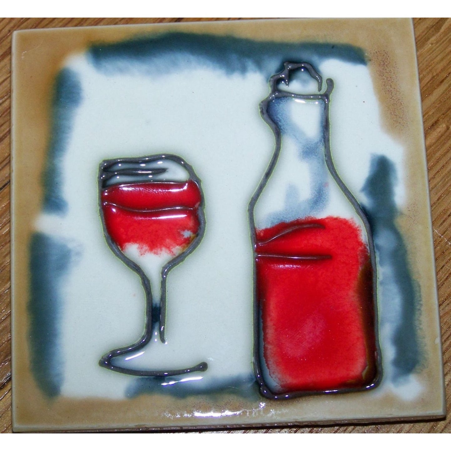 Art Tile 4" x 4"  Muddy Waters Hand Painted 7A070 ArtWork on Tile Wine 5  Wine Glass and Bottle 1/2 " Ceramic Tile and backing