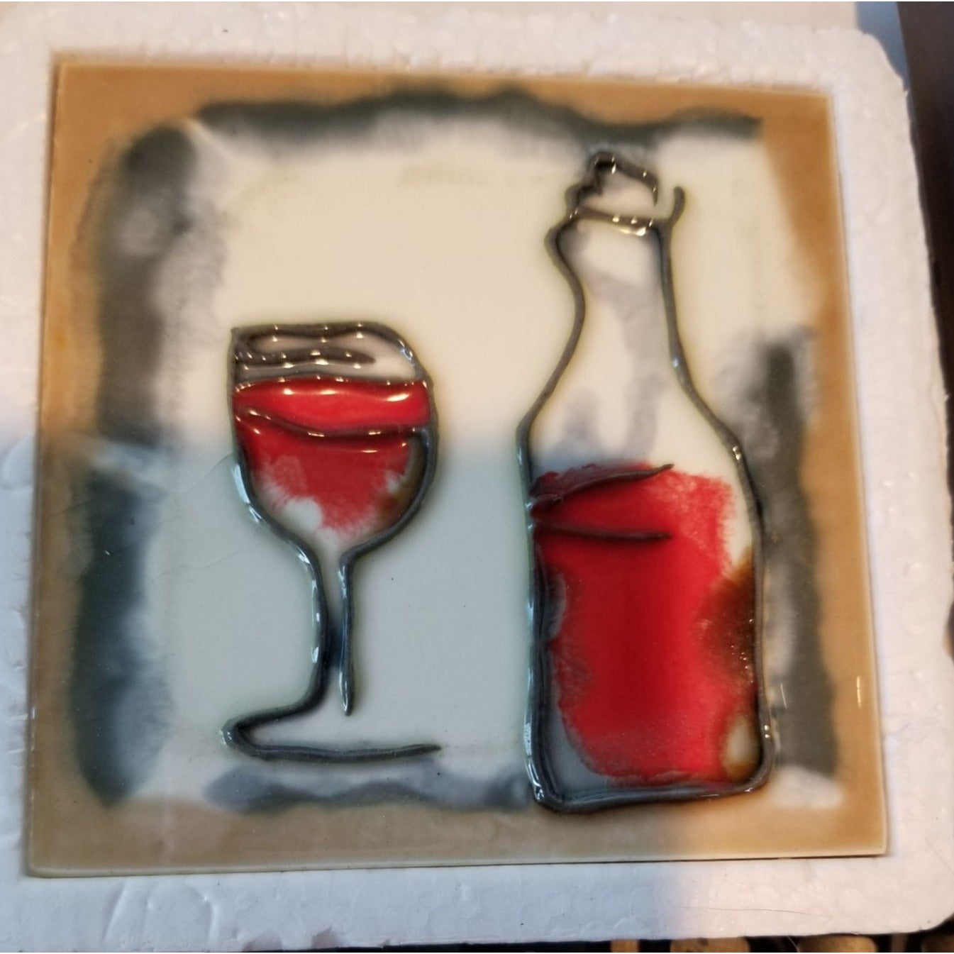 Art Tile 4" x 4"  Muddy Waters Hand Painted 7A070 ArtWork on Tile Wine 5  Wine Glass and Bottle 1/2 " Ceramic Tile and backing