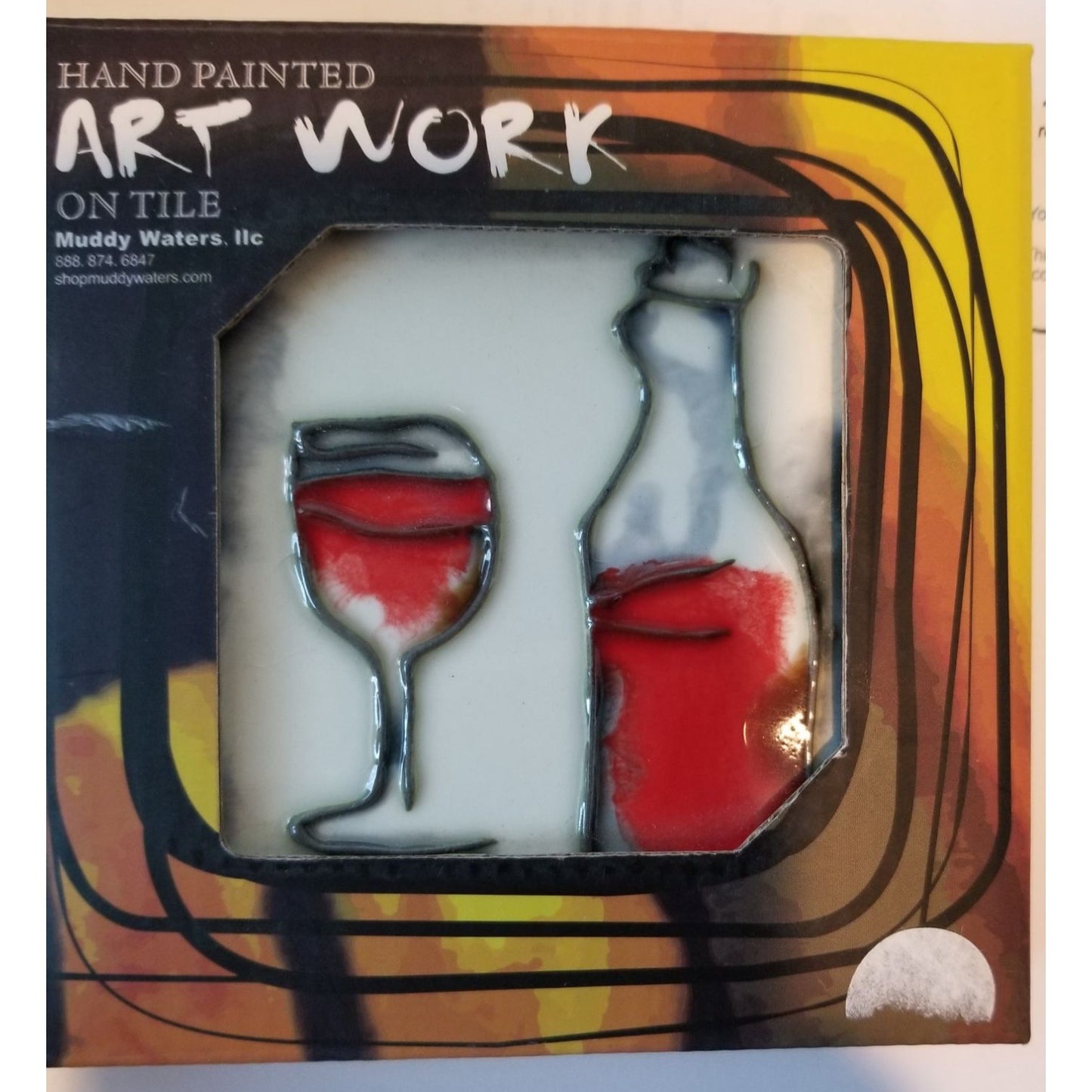 Art Tile 4" x 4"  Muddy Waters Hand Painted 7A070 ArtWork on Tile Wine 5  Wine Glass and Bottle 1/2 " Ceramic Tile and backing