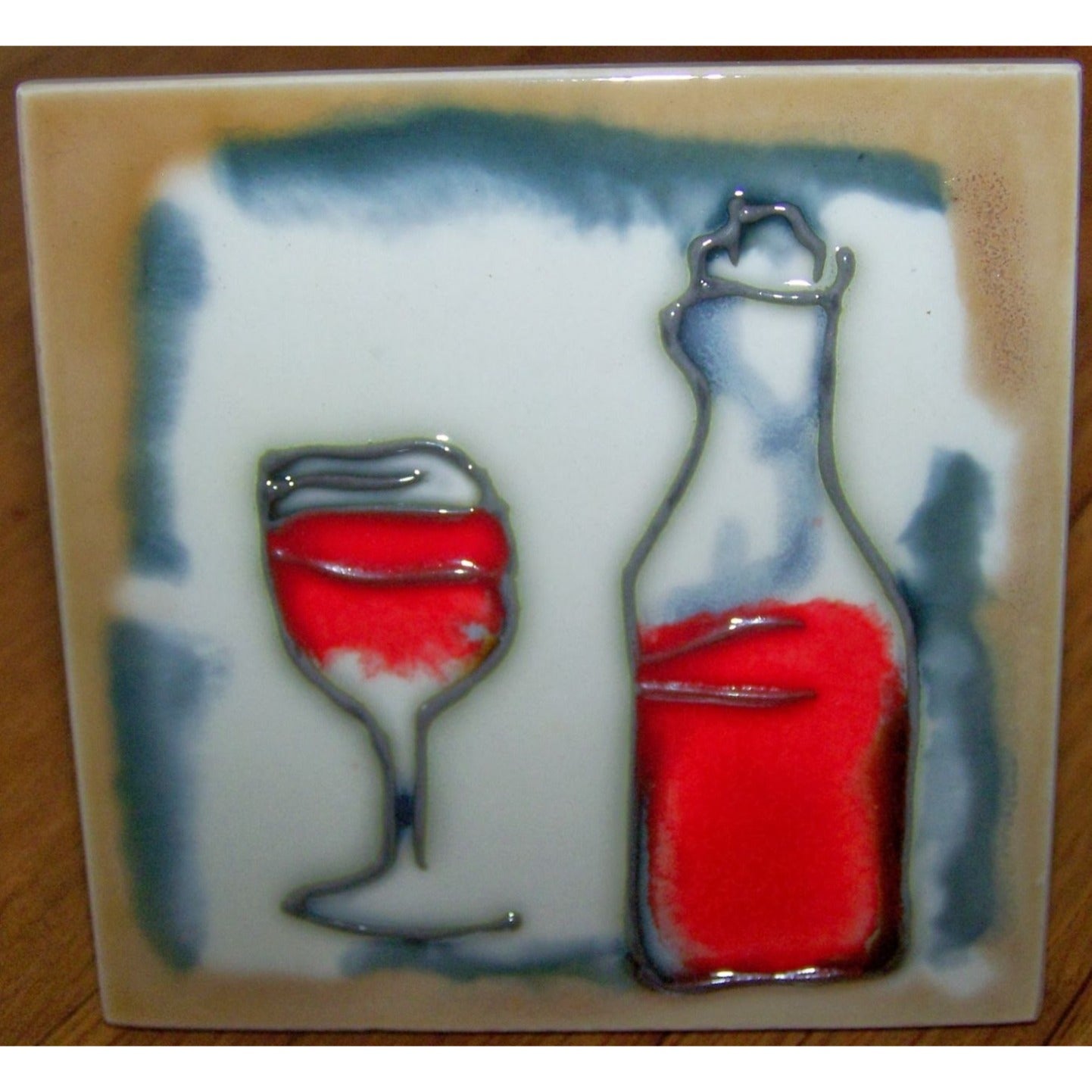 Art Tile 4" x 4"  Muddy Waters Hand Painted 7A070 ArtWork on Tile Wine 5  Wine Glass and Bottle 1/2 " Ceramic Tile and backing