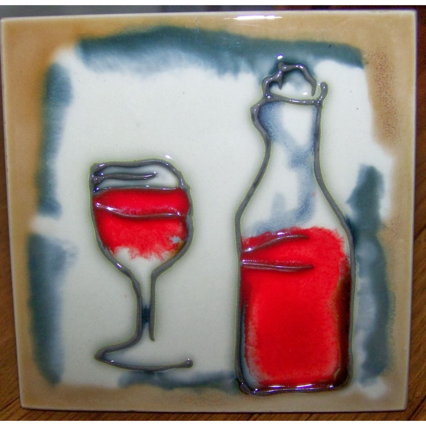 Art Tile 4" x 4"  Muddy Waters Hand Painted 7A070 ArtWork on Tile Wine 5  Wine Glass and Bottle 1/2 " Ceramic Tile and backing