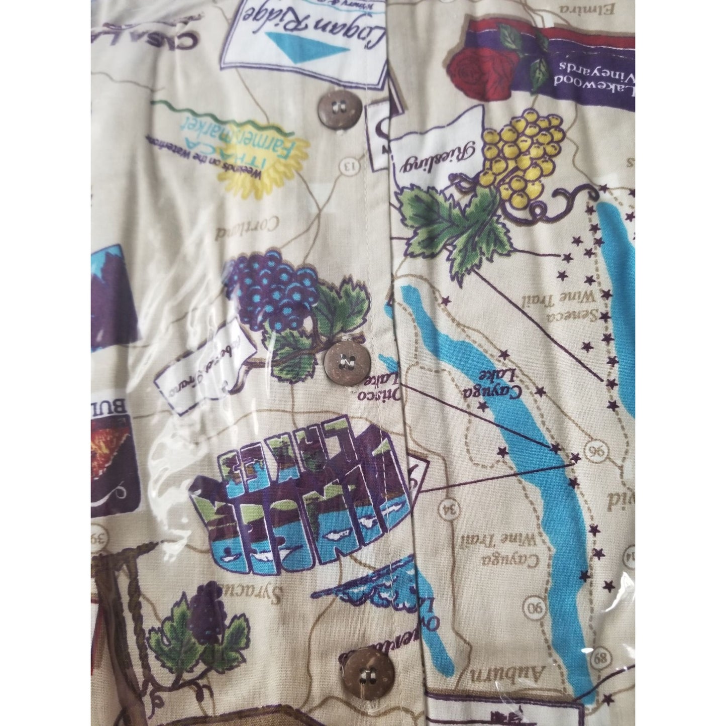 DemCrazy Size M Vintage Finger Lakes Winery Map Print Button-Up Shirt 100% Cotton Made In Thailand