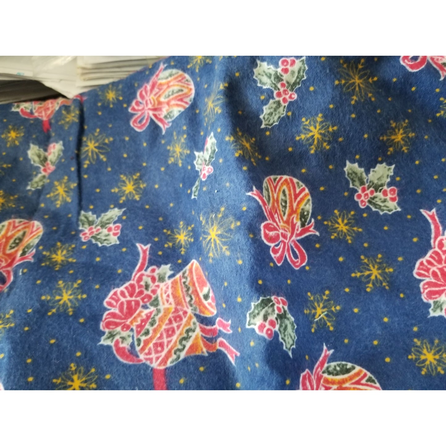 Material Blue Flannel Christmas Ornaments Bells Holly  36 " x 42"
