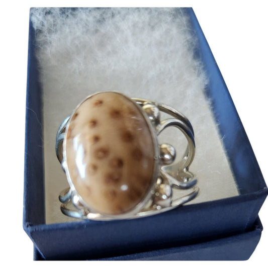 Ring Petrified Palmwood  Silver   Size 13 1/2  10 gr Stone 20 x 15 mm  Jerry Fran Harr