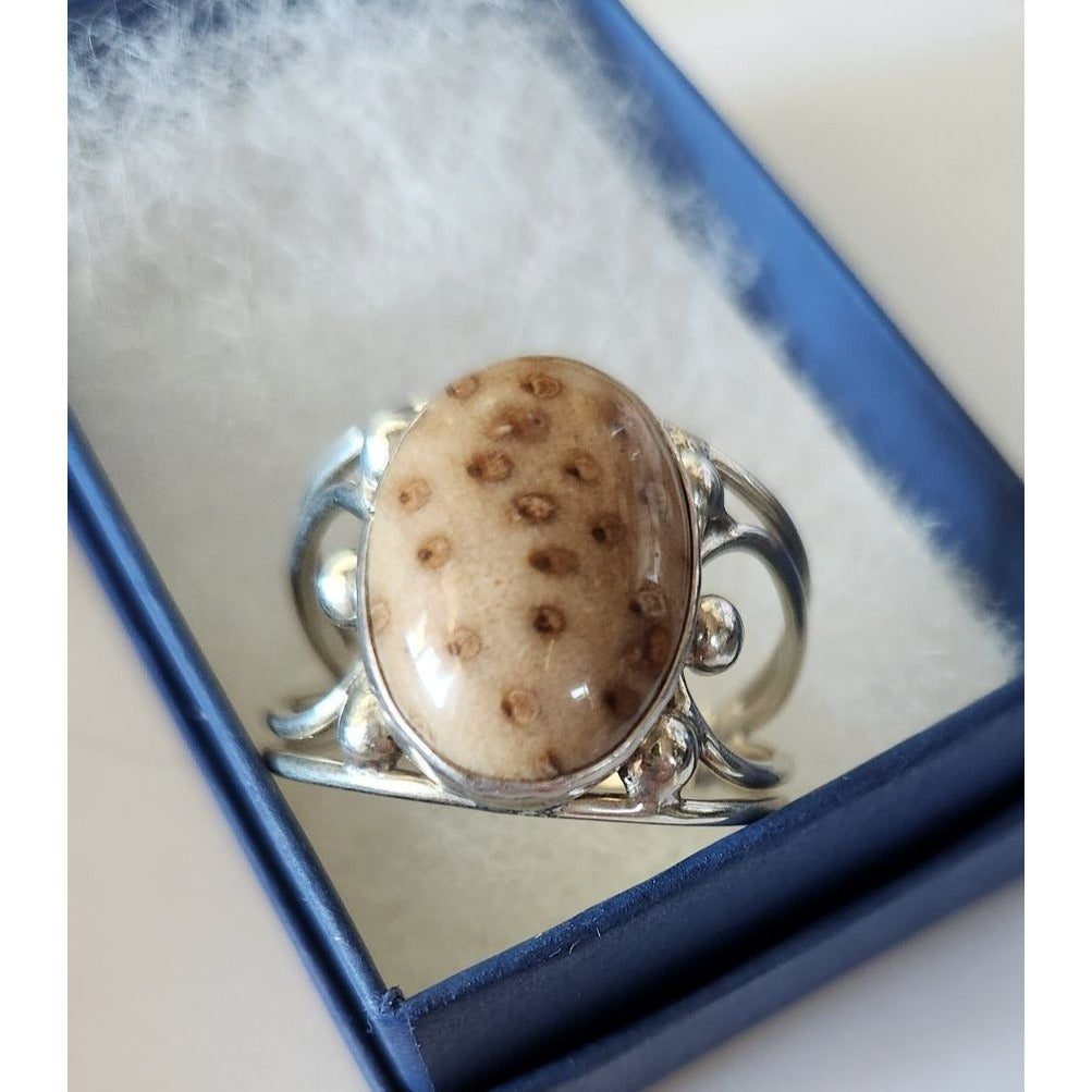 Ring Petrified Palmwood  Silver   Size 13 1/2  10 gr Stone 20 x 15 mm  Jerry Fran Harr