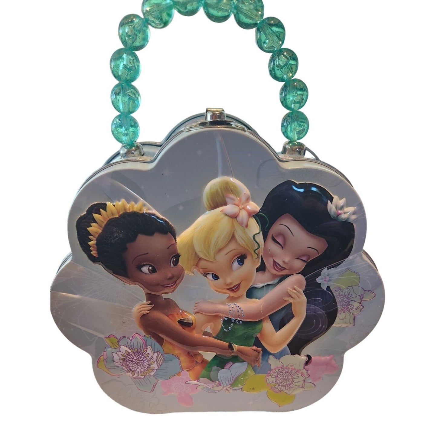 Disney Mini Tin Box Co Tinkerbell and Friends 6 x 6 1/2 x 3 Beaded Handle Clean inside