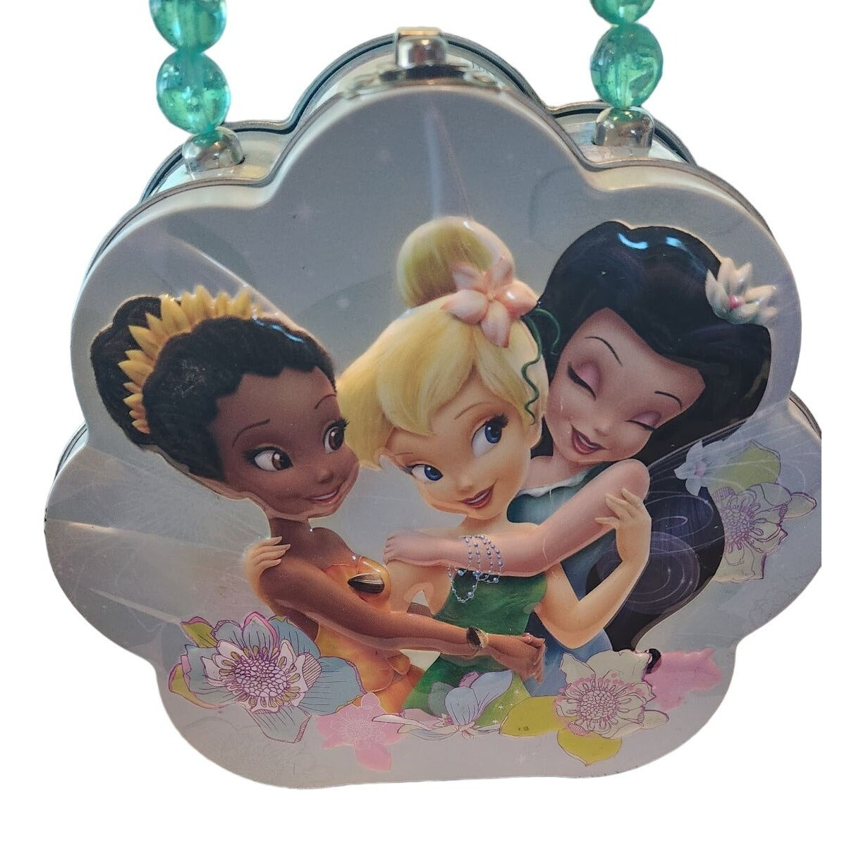 Disney Mini Tin Box Co Tinkerbell and Friends 6 x 6 1/2 x 3 Beaded Handle Clean inside