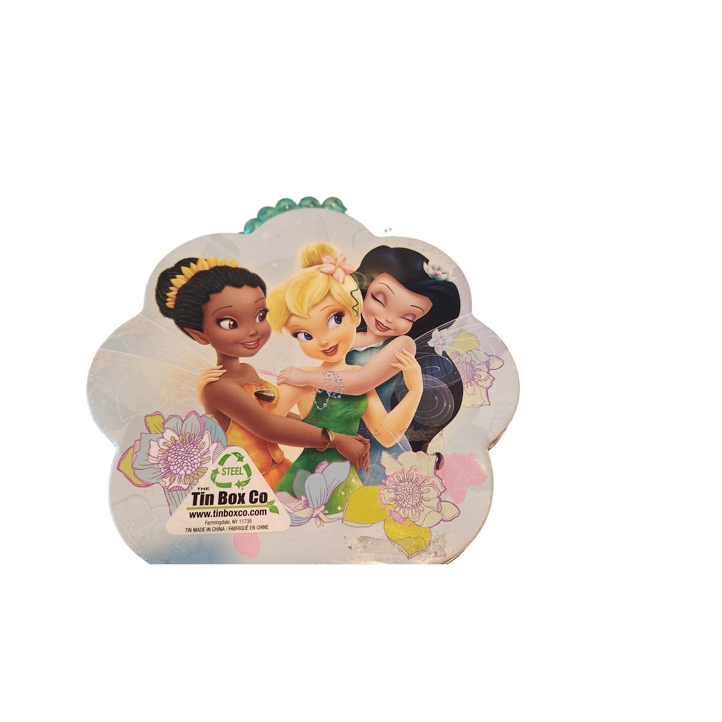 Disney Mini Tin Box Co Tinkerbell and Friends 6 x 6 1/2 x 3 Beaded Handle Clean inside