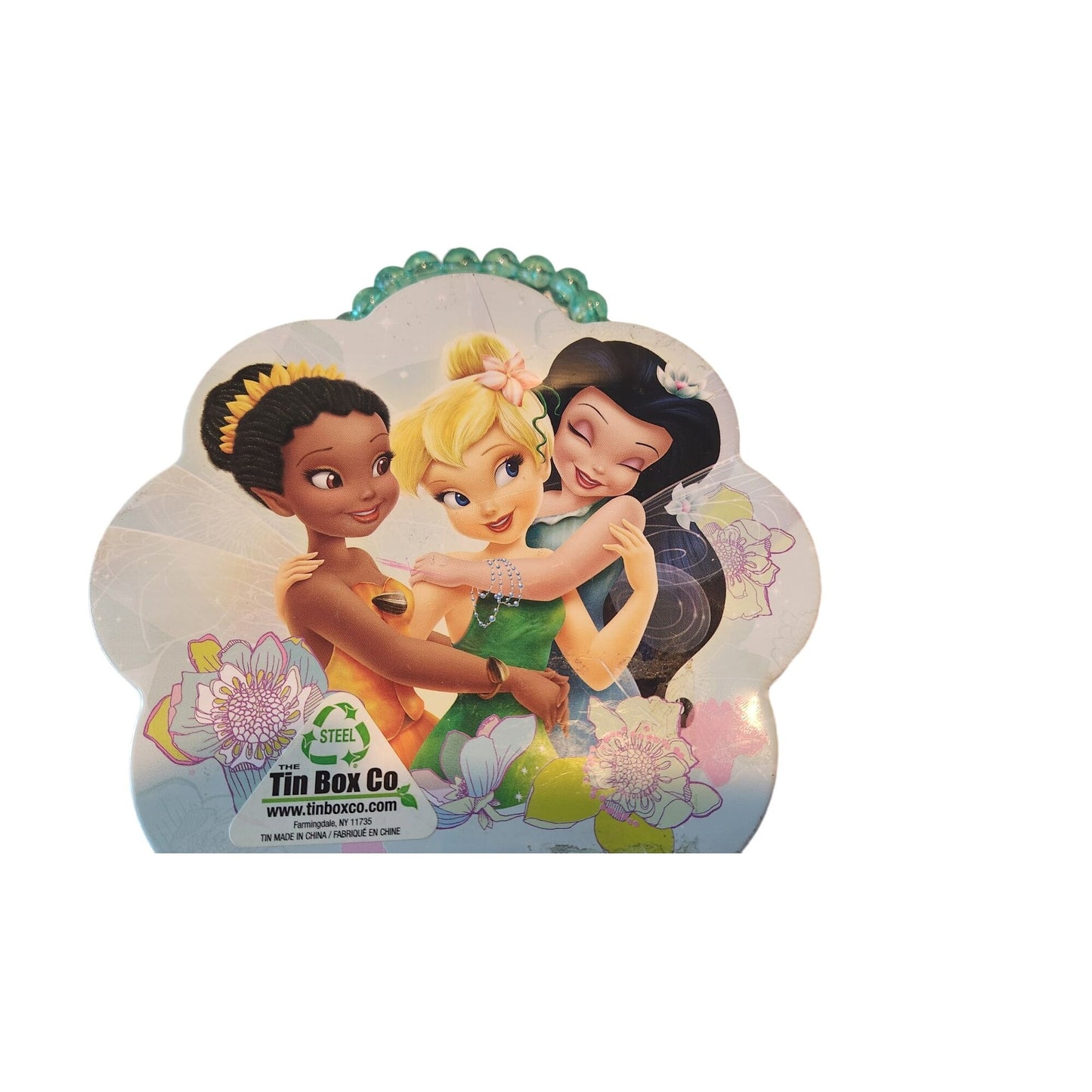 Disney Mini Tin Box Co Tinkerbell and Friends 6 x 6 1/2 x 3 Beaded Handle Clean inside