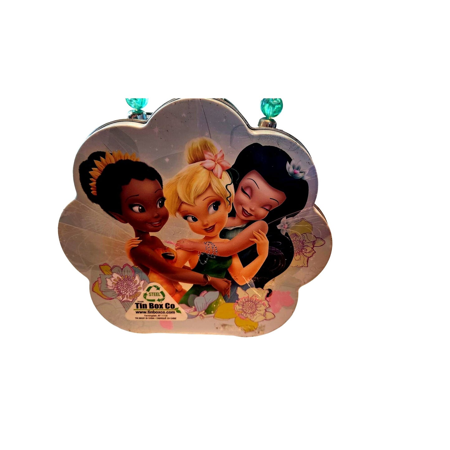 Disney Mini Tin Box Co Tinkerbell and Friends 6 x 6 1/2 x 3 Beaded Handle Clean inside