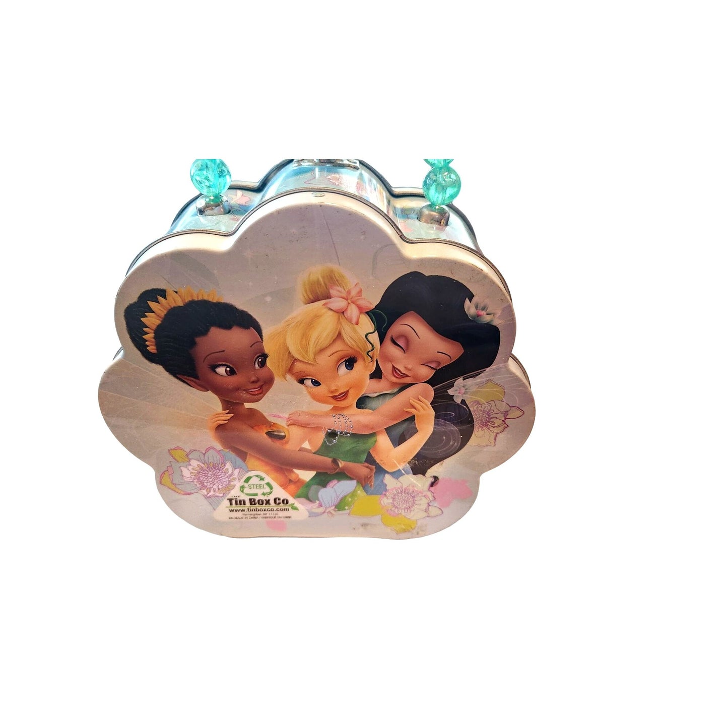 Disney Mini Tin Box Co Tinkerbell and Friends 6 x 6 1/2 x 3 Beaded Handle Clean inside